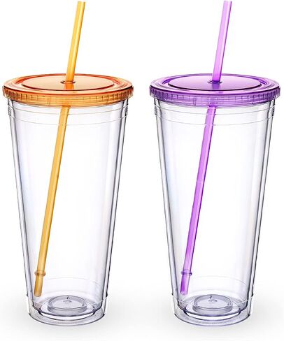 Zukro Clear Acrylic Tumbler with Straw and Lid 32 oz, Double Walled Insulated Reusable Plastic Iced Coffee Cup, To Go Cup Perfect for Parties, Birthdays, Fit in Cup Holder, BPA Free, Clear, 2 Pack in Saudi Arabia
