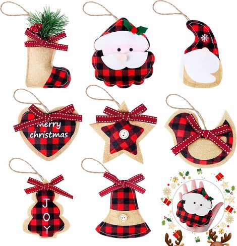 Watayo 12 PCS Christmas Plaid Hanging Ornaments-Black & Red Buffalo Check Plaid Burlap Hanging Ornaments-Tree Ball Bell Stocking Shaped Hanging Decor for Home Xmas Party Decorations Gift in Saudi Arabia