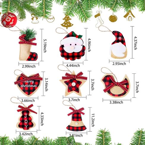 Watayo 12 PCS Christmas Plaid Hanging Ornaments-Black & Red Buffalo Check Plaid Burlap Hanging Ornaments-Tree Ball Bell Stocking Shaped Hanging Decor for Home Xmas Party Decorations Gift in Saudi Arabia