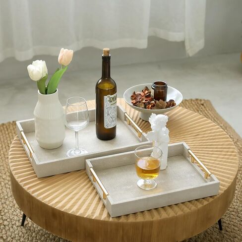 مجموعة من 2 صينية تقديم من الرخام الأبيض المزيف مع مقابض معدنية مصقولة بالذهب، صينية خشبية بيضاء مزخرفة من جلد البولي يوريثان مع ذهبي مصقول لطاولة القهوة وديكور طاولة وحدة التحكم العثمانية in Kuwait