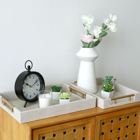 مجموعة من 2 صينية تقديم من الرخام الأبيض المزيف مع مقابض معدنية مصقولة بالذهب، صينية خشبية بيضاء مزخرفة من جلد البولي يوريثان مع ذهبي مصقول لطاولة القهوة وديكور طاولة وحدة التحكم العثمانية in Kuwait