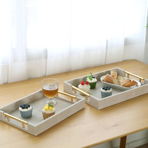 مجموعة من 2 صينية تقديم من الرخام الأبيض المزيف مع مقابض معدنية مصقولة بالذهب، صينية خشبية بيضاء مزخرفة من جلد البولي يوريثان مع ذهبي مصقول لطاولة القهوة وديكور طاولة وحدة التحكم العثمانية in Kuwait