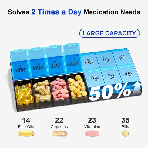 XL Large Weekly Pill Organizer 2 Times a Day, Extra Big 7 Day Pill Box Am Pm, Daily Pill Case Medicine Organizer with 14 Compartments, Day Night Pill Container for Fish Oils, Vitamin, Supplement in Kuwait
