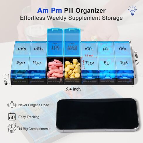 XL Large Weekly Pill Organizer 2 Times a Day, Extra Big 7 Day Pill Box Am Pm, Daily Pill Case Medicine Organizer with 14 Compartments, Day Night Pill Container for Fish Oils, Vitamin, Supplement in Kuwait