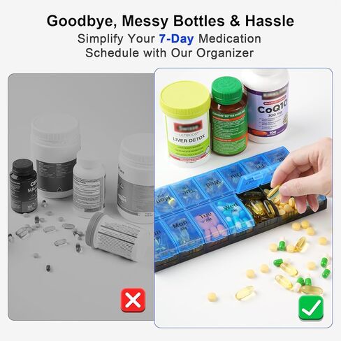 XL Large Weekly Pill Organizer 2 Times a Day, Extra Big 7 Day Pill Box Am Pm, Daily Pill Case Medicine Organizer with 14 Compartments, Day Night Pill Container for Fish Oils, Vitamin, Supplement in Kuwait