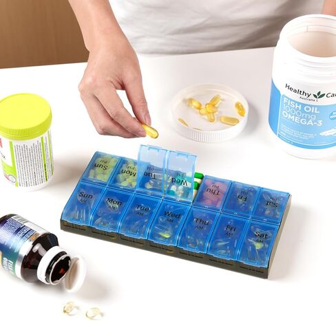 XL Large Weekly Pill Organizer 2 Times a Day, Extra Big 7 Day Pill Box Am Pm, Daily Pill Case Medicine Organizer with 14 Compartments, Day Night Pill Container for Fish Oils, Vitamin, Supplement in Kuwait