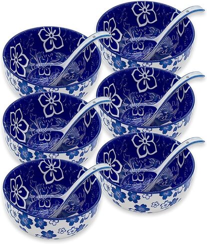 Set of 6 Ceramic Cereal Bowls with 6 Spoons, 24 Oz Japanese Bowl Perfect for Soup, Cereal, Oatmeal, Fruit, Rice - Dishwasher & Microwave Safe - 6 Inch in Saudi Arabia