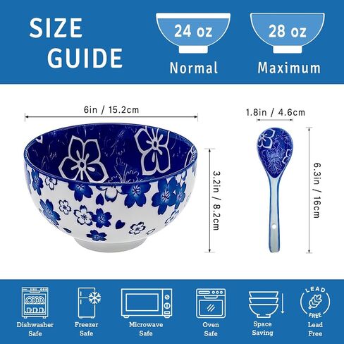 Set of 6 Ceramic Cereal Bowls with 6 Spoons, 24 Oz Japanese Bowl Perfect for Soup, Cereal, Oatmeal, Fruit, Rice - Dishwasher & Microwave Safe - 6 Inch in Saudi Arabia