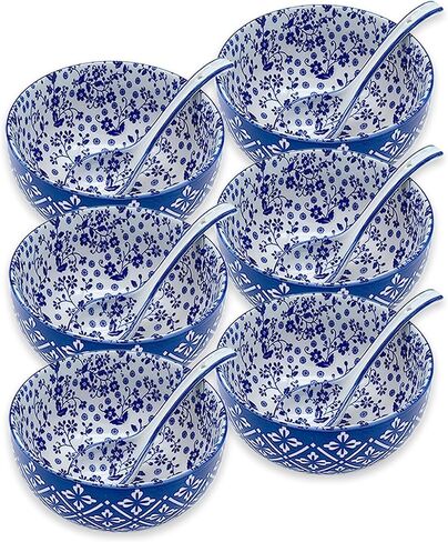 Set of 6 Ceramic Cereal Bowls with 6 Spoons, 24 Oz Japanese Bowl Perfect for Soup, Cereal, Oatmeal, Fruit, Rice - Dishwasher & Microwave Safe - 6 Inch in Saudi Arabia