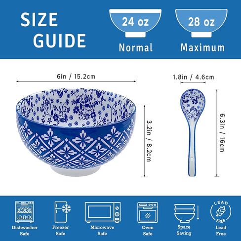 Set of 6 Ceramic Cereal Bowls with 6 Spoons, 24 Oz Japanese Bowl Perfect for Soup, Cereal, Oatmeal, Fruit, Rice - Dishwasher & Microwave Safe - 6 Inch in Saudi Arabia
