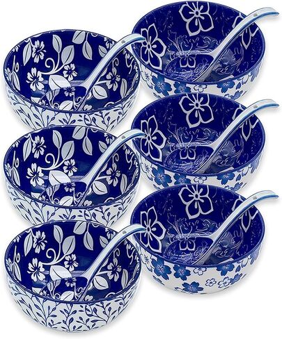 Set of 6 Ceramic Cereal Bowls with 6 Spoons, 24 Oz Japanese Bowl Perfect for Soup, Cereal, Oatmeal, Fruit, Rice - Dishwasher & Microwave Safe - 6 Inch in Saudi Arabia