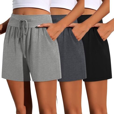 Neer 3 Pack Women's Sweat Shorts Cotton Drawstring High Waisted Summer Casual Workout Lounge Shorts with Pockets in Kuwait