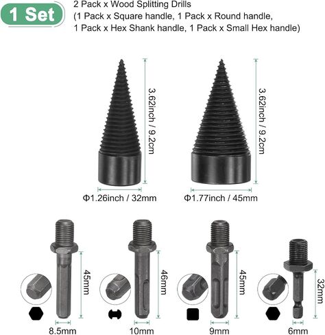 2-Pack Wood Splitter Drill Bit 38mm + 50mm + 4 Handles (Square + Round + Hex Shank + Small Hex) Firewood Log Splitter Drill Bit for Family/Outdoor/Stove/Farm [Black+Grey] in Saudi Arabia