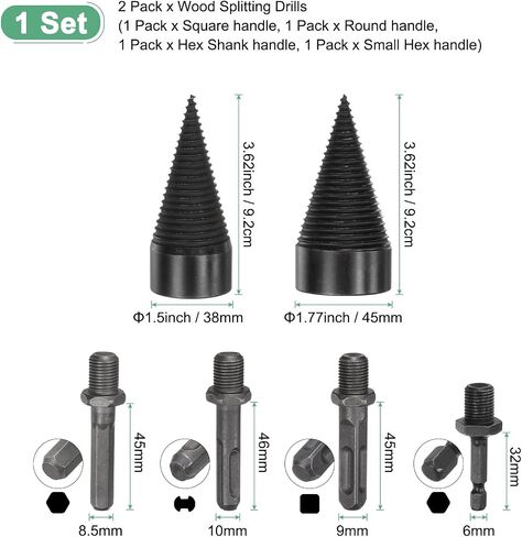 2-Pack Wood Splitter Drill Bit 38mm + 50mm + 4 Handles (Square + Round + Hex Shank + Small Hex) Firewood Log Splitter Drill Bit for Family/Outdoor/Stove/Farm [Black+Grey] in Saudi Arabia