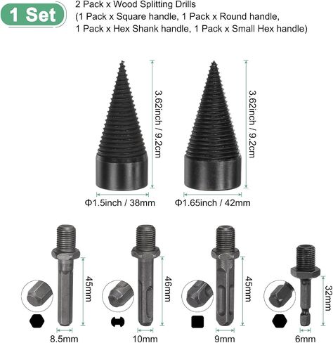2-Pack Wood Splitter Drill Bit 38mm + 50mm + 4 Handles (Square + Round + Hex Shank + Small Hex) Firewood Log Splitter Drill Bit for Family/Outdoor/Stove/Farm [Black+Grey] in Saudi Arabia