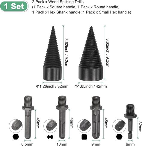 2-Pack Wood Splitter Drill Bit 38mm + 50mm + 4 Handles (Square + Round + Hex Shank + Small Hex) Firewood Log Splitter Drill Bit for Family/Outdoor/Stove/Farm [Black+Grey] in Saudi Arabia