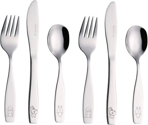 exzact Kids Flatware 6 قطع من الفولاذ المقاوم للصدأ الأطفال Silverware 2 × ، 2 × سكاكين ، 2 × ملاعق ، أواني صغار ، آمنة غسالة الصحون ، 24 شهرًا+ (ديناصورات محفورة) in Kuwait