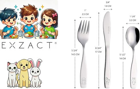 exzact Kids Flatware 6 قطع من الفولاذ المقاوم للصدأ الأطفال Silverware 2 × ، 2 × سكاكين ، 2 × ملاعق ، أواني صغار ، آمنة غسالة الصحون ، 24 شهرًا+ (ديناصورات محفورة) in Kuwait