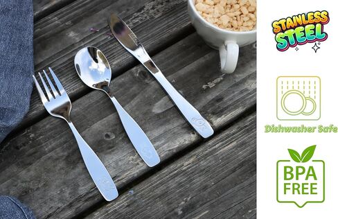 exzact Kids Flatware 6 قطع من الفولاذ المقاوم للصدأ الأطفال Silverware 2 × ، 2 × سكاكين ، 2 × ملاعق ، أواني صغار ، آمنة غسالة الصحون ، 24 شهرًا+ (ديناصورات محفورة) in Kuwait