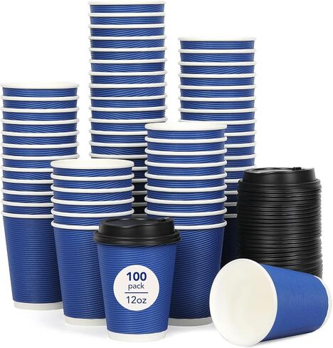 DAILYLIFE 16oz Insulated Black Disposable Coffee Paper Cups with Lids- 100 Pack, Takeaway for All Hot Drinks, Leak Proof Design, Ideal for Chocolate, Lemonade, Tea, Milk in Saudi Arabia