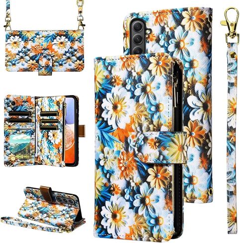 Wallet Case for Samsung Galaxy A54 5G with Wrist Strap Crossbody Shoulder Strap Flower Leather Zipper Purse Credit Card Holder Stand Cell Phone Cover A545G A 54 54A 4G G5 SM A546U Girls Black in Saudi Arabia
