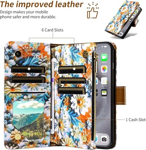 Wallet Case for Samsung Galaxy A54 5G with Wrist Strap Crossbody Shoulder Strap Flower Leather Zipper Purse Credit Card Holder Stand Cell Phone Cover A545G A 54 54A 4G G5 SM A546U Girls Black in Saudi Arabia