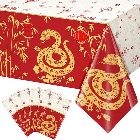 3Pcs Chinese New Year 2025 Plastic Tablecloths Decorations,54x108 Inch Red Gold Snake Happy New Year Disposable Table Cover Rectangle Party Table Cloth for Asian Lunar New Year Eve Party Supplies in Saudi Arabia