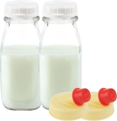 Kitchentoolz 12 أوقية زجاجة حليب زجاجية مربعة مع أغطية - حاوية حليب مثالية للثلاجة - زجاجة حليب زجاجية 12 أونصة مع غطاء إثبات العبث وتصبب - حزمة 1 in Kuwait