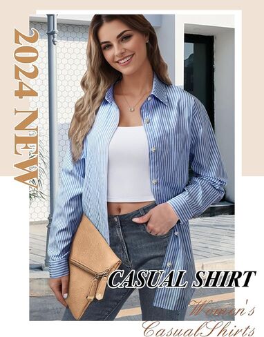Womens Button Down Shirt Stripes, Long Sleeve Loose Fit Blouses for Womens, Oversized Blouses Tops Casual Dressy Tops in Kuwait