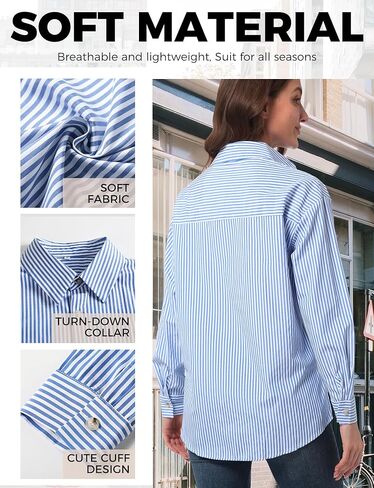 Womens Button Down Shirt Stripes, Long Sleeve Loose Fit Blouses for Womens, Oversized Blouses Tops Casual Dressy Tops in Kuwait