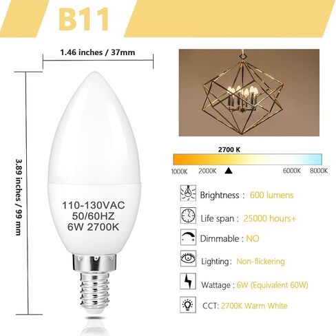 DIAMIAQ B11 LED Light Bulb E12 Candelabra Light Bulbs 5000K Daylight White Ceiling Fan Bulb Chandelier Bulbs Candle Bulbs for Ceiling Fan (6 Pack, Daylight White) in Kuwait