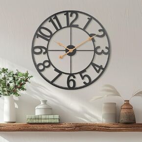 Large Wall Clock, 24 Inch Black Industrial Decor Wall Clock, Silent Non-Ticking Wall Clock Battery Operated, Indoor Outdoor Clock Decorative for Living Room, Bedroom, Dining Room, Patio