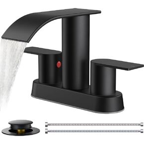 FORIOUS Black Waterfall Bathroom Faucets for Sink 2 Hole or 3 Hole, 4 Inch Centerset Bathroom Sink Faucet with Metal Pop up Drain and cUPC Hose for Basin,Vanity, Rv, Two Handles, 15-Min Install