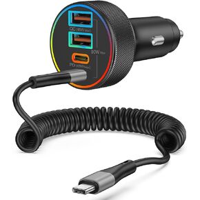 for iPhone 16/15 Pro Max Car Charger, 90W 4-Port Fast USB C Car Charger Cigarette Lighter Adapter with 6FT Type C Coiled Cable for iPhone 16/16 Plus/16 Pro Max/15/15 Pro, Samsung S24/S23/S22
