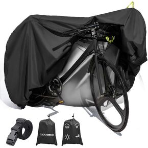 Bike Cover for 1 or 2 Bikes Outdoor Storage Waterproof Bicycle Cover for Transport on Rack, Rain Sun UV Dust Wind Proof with Wind-Secure Strap & Storage Bag, 420D Heavy Duty Bike Covers