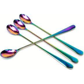 Long-handled ice tea spoon, cocktail stir spoons, stainless steel coffee spoons, Colored ice cream scoop (9 IN iridescence, Round)