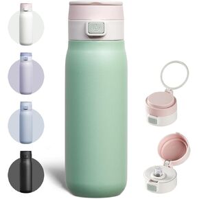 COKTIK Stainless Steel Water Bottle with Buit-in Carrying loop, Metal water bottles with straw, Leak Proof, Free sip, BPA Free, Push & on Flip lid, Water bottle for Travel, Gym, 32oz, Green