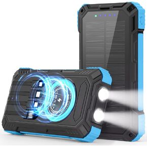 Solar Charger Power Bank,36000mAh Portable Wireless Charger with USB-C in/Output,15W Fast Charging External Battery Pack Built in 4 Cables,Three Inputs Phone Portable Charger (Black-Orange, 36000mAh)