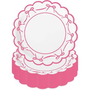 50Pcs Pink Bow Paper Plate Scalloped Bowknot Disposable Plate 9 inch Decorative Dinner Plate for Birthday Party Table Decor