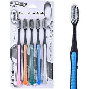 ADA Activated Charcoal Toothbrush 5 Pack Extra Soft Ultrafine Bamboo Bristle Natural Teeth Whitening and Sensitivity Relief BPA Free Charcoal Toothbrushes Gentle Clean & Bright Smile Multicolor Slim
