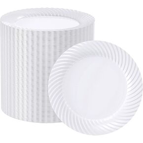 FOCUSLINE 10 Inch White Plastic Plates,100 Count Disposable Heavy Duty Dinner Plates, Premium Hard Plastic Plates Fancy Disposable White Plates for Weddings, Parties and Events