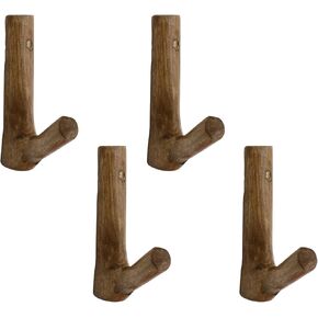 4Pcs Real Wood Tree Branch Wall Hook with Screw, Farmhouse Rustic Decorative Wooden Without Bark Trunk 2.5cm-3cm, Hook Dia.0.2" to 0.47",Walnut Color