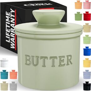 PriorityChef Butter Crock with Lid, On Demand Spreadable Butter, French Butter Keeper to Leave On Counter with Water Line, Ceramic French Butter Dish, Sage