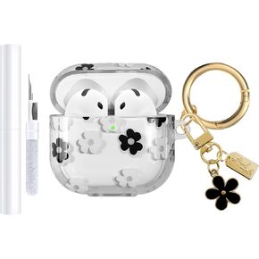 Compatible with AirPods 4 Case Cover 2024, Soft TPU Case with Cute Flower Pattern for AirPods 4th Generation Case with Flower Keychain and Cleaning Kit for Girls Women (Pink)