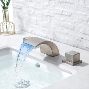 8-16 Inch Led Waterfall Widespread Bathroom Sink Faucet -AZOS 3 Colors Change Led Waterfall Deck Mount Dual Handle 3 Holes with Lights Basin Mixer Tap, Polished Chrome Finished
