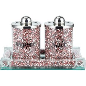 Crushed Diamond Pepper Salt Shakers Storage Container Pots Jars Set with Mirror Tray 3PCS Kitchen Canisters for Home Decor (Silver)