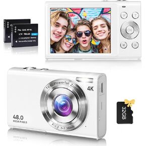 Digital Camera, 4K Vlogging Camera for YouTube Autofocus 48MP UHD Cameras for Photography with Anti-Shake, 16X Digital Zoom Point and Shoot Digital Camera with 32GB Card for Teens Adult Beginner-White