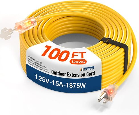 BBOUNDER Outdoor Extension Cord 50 FT Waterproof, 12/3 SJTW Heavy Duty 15A 1875W, Flexible 100% Copper 3 Prong Cords for Commercial Use and High Power Appliance, Yellow in Saudi Arabia