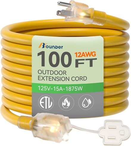 BBOUNDER Outdoor Extension Cord 50 FT Waterproof, 12/3 SJTW Heavy Duty 15A 1875W, Flexible 100% Copper 3 Prong Cords for Commercial Use and High Power Appliance, Yellow in Saudi Arabia