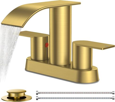 FORIOUS Black Waterfall Bathroom Faucets for Sink 2 Hole or 3 Hole, 4 Inch Centerset Bathroom Sink Faucet with Metal Pop up Drain and cUPC Hose for Basin,Vanity, Rv, Two Handles, 15-Min Install in Saudi Arabia